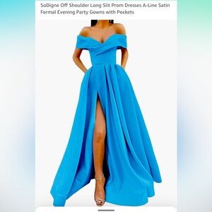 SoDigne Off Shoulder Long Slit Prom Dresses A-Line Satin Formal Gown w/ Pockets